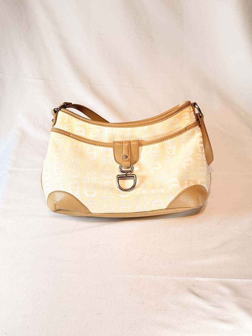 Etienne Aigner Monogram Shoulder Bag Cream Canvas Tan Leather Classic Preppy Ivy